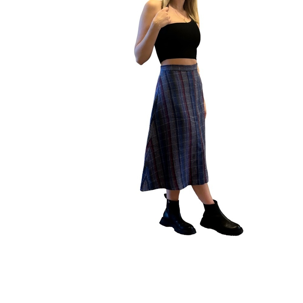 Vintage A-line Blue Midi  Wool Plaid Women's Skirt Size 12 - Picture 9 of 10